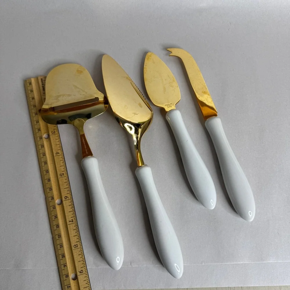 Vtg Christmas Holly Gold Cheese Knife Pie Set 4pc Stainless‎ Steel Japan Holiday